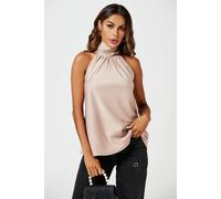 Fs Collection High Neck Sleeveless Satin Blouse Top In Light Brown Light Brown