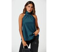 Fs Collection High Neck Sleeveless Satin Blouse Top In Teal Teal