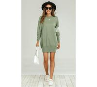FS Collection Knitted Tunic Jumper Dress With White Stripe In Olive - Olive - Onesize