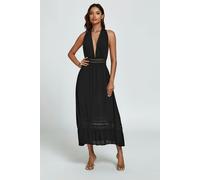 FS Collection Lace Detail Adjustable Deep V Neckline Maxi Dress In Black - L - Black