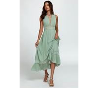 FS Collection Lace Detail Adjustable Deep V Neckline Maxi Dress In Green - L - Green