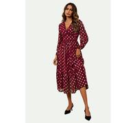 FS Collection Lace Trim Foil Long Sleeve Maxi Dress In Wine - S - Red