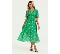 FS Collection Lace Trim Foil Midi Dress In Green - L - Green