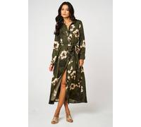 Fs Collection Large Floral Long Sleeve Belted Shirt Dress In Olive Green Olive