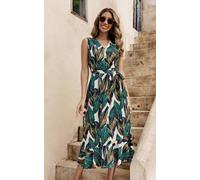 Fs Collection Leaf Print Asymmetric Hem Frill Detail Midi Dress In Green Green 12-14