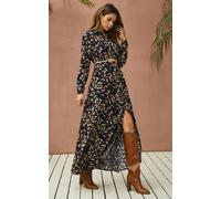FS Collection Leaf Print Black Shirt Dress With Tie Waist + Free Gold Stretch Leaf Belt - 6-8 - Black