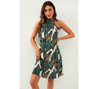 Fs Collection Leaf Print Halter Neck Tie Back Mini Dress In Green Green XL