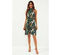 FS Collection Leaf Print Halter Neck Tie Back Mini Dress In Green - XS - Green