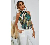 FS Collection Leaf Print Halter Neck Tie Back Top In Green - 10-12
