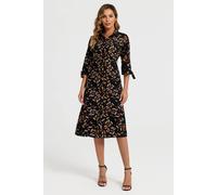 Fs Collection Leaf Print Tie On Sleeves Midi Shirt Dress In Black Black