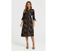 FS Collection Leaf Print Tie On Sleeves Midi Shirt Dress In Black - M - Black