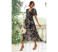 FS Collection Leopard Floral Print Angel Sleeve Maxi Dress In Black - S - Black