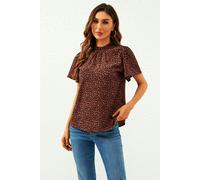 FS Collection Leopard Print Angel Sleeve High Neck Top/Blouse In Rusty - XL - Red