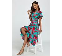 FS Collection Leopard Print Angel Sleeve Wrap Midi Blue Pink - Blue & Pink - M