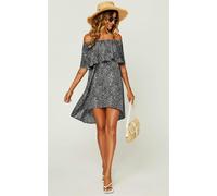 FS Collection Leopard Print Bardot Frill Off Shoulder Mini Dress In Black - XS - Black