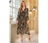 Fs Collection Leopard Print Foil Lace Trim Long Sleeve Maxi Dress In Brown Brown