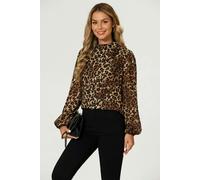 FS Collection Leopard Print Foil Long Sleeve High Neck Top In Brown - L - Brown