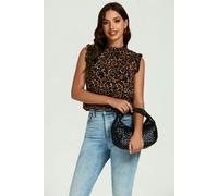 FS Collection Leopard Print Frill Trim Sleeve Frill Neck Blouse Top In Brown - M - Brown