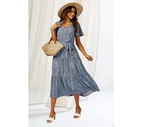 Fs Collection Leopard Print Hem Tiered Wrap Midi Dress In Blue Blue M