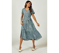 FS Collection Leopard Print Hem Tiered Wrap Midi Dress In Blue - L - Blue