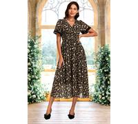 Fs Collection Leopard Print Lace Trim On Sleeve Midi Dress In Brown Brown