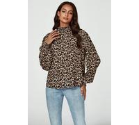 FS Collection Leopard Print Long Sleeve High Neck Blouse In Brown - L - Brown