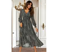 FS Collection Leopard Print Long Sleeve Maxi Dress In Grey - XS - Grey