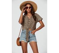 Fs Collection Leopard Print Tie Knot Front Buttoned Crop Top In Beige Beige