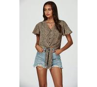 FS Collection Leopard Print Tie Knot Front Buttoned Crop Top In Beige - XS - Beige