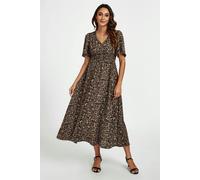 FS Collection Leopard Print V Neck Midi Dress In Brown - L - Brown