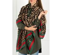 FS Collection Leopard & Strip Print Fringed edges Scarf In Green & Red - Onesize - Green