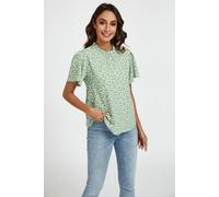 Fs Collection Little Floral Print Angle Sleeve High Neck Top/blouse In Green