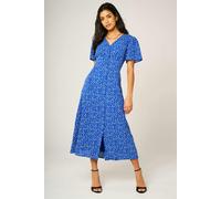 FS Collection Little Floral Print Button Front Midi Dress In Blue - XL - Blue
