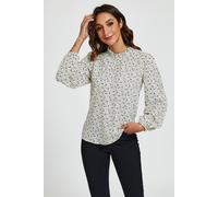 Fs Collection Little Floral Print Frill Detail High Neck Top In White Multi XS