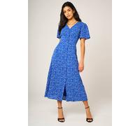 Fs Collection Little Floral Print Short Sleeve Button Front Midi Dress In Blue Blue