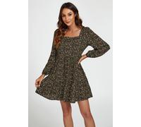 Fs Collection Little Floral Print Square Neck Mini Dress In Olive Green In Black Black