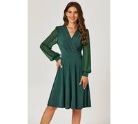 Fs Collection Long Chiffon Sleeve Pleated Midi Dress In Dark Green Green