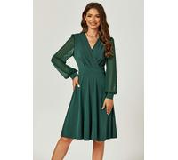 FS Collection Long Chiffon Sleeve Pleated Midi Dress In Dark Green - L - Green