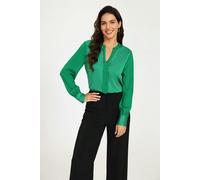 FS Collection Long Sheer Sleeve Satin Notch Neck Blouse Top In Green - XL - Green