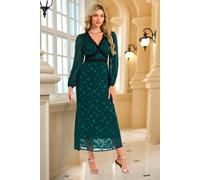 Fs Collection Long Sleeve Dot Jacquard Lace Trim Maxi Dress In Green Green