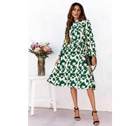 Fs Collection Long Sleeves Geo Print High Neck Pleated Dress In Green Green XL