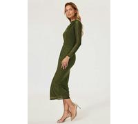 FS Collection Long Sleeves Mesh Midi Dress In Olive - S - Olive