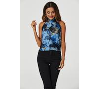 Fs Collection Marble Print Halter Neck Tie Back Top In Navy Navy