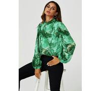 FS Collection Marble Print Long Sleeve High Neck Top In Light Green - XS - Light Green