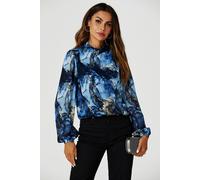 Fs Collection Marble Print Long Sleeve High Neck Top In Navy Navy