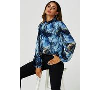 FS Collection Marble Print Long Sleeve High Neck Top In Navy - XL - Navy