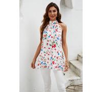Fs Collection Multicolour Floral Print Halter Neck Tie Back Top In White Multi