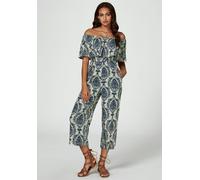 FS Collection Off The Shoulder Print Frill Jumpsuit In Navy - L - Navy