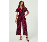 FS Collection Pink Abstract Print Wrap Top Jumpsuit In Black - M - Black