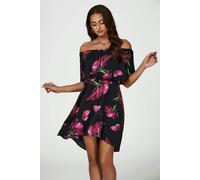 FS Collection Pink Floral Print Bardot Frill Off Shoulder Mini Dress In Black - S - Black